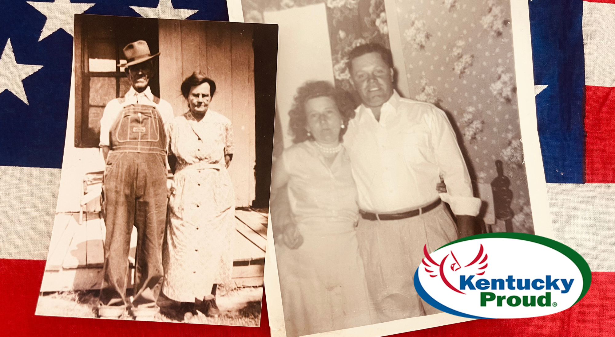 Two vintage-style images of couples with a flag background