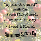 Apples on a tree with text describing the scent of 'Apple Orchard' and branding information.