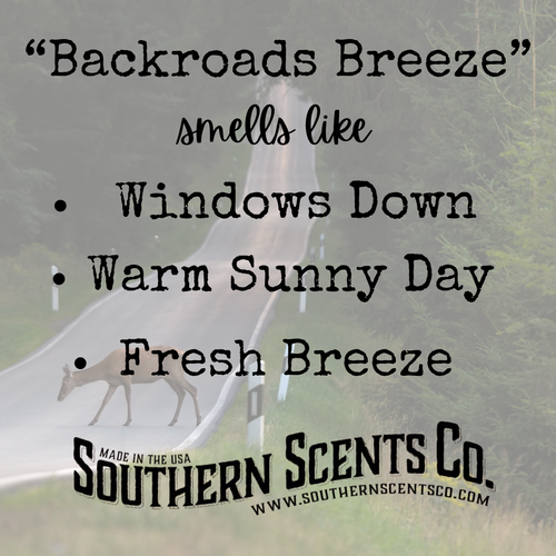 Advertisement for Southern Scents Co. with a deer and road background, featuring the fragrance description 'Backroads Breeze'.