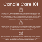 Candle care instructions on a brown background with icons and text.