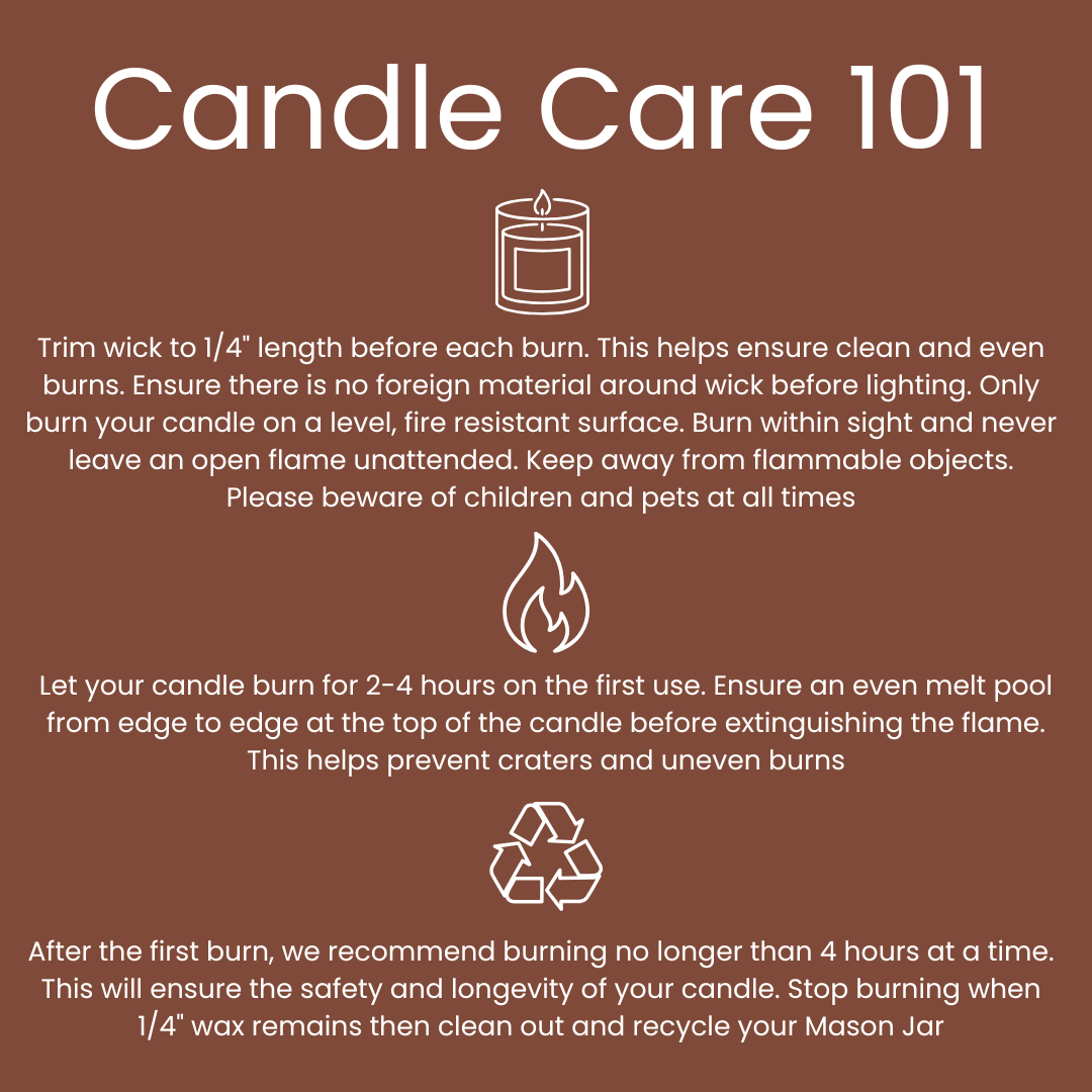 Candle care instructions on a brown background with icons and text.
