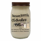 Jar candle labeled 'Clothesline Cotton' by Southern Scents Co. on a white background