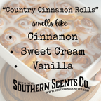 Casserole dish with cinnamon rolls and text describing scents, branded as Southern Scents Co.