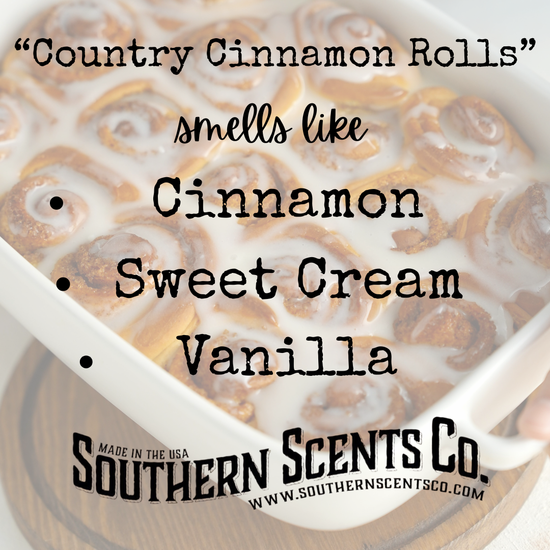 Casserole dish with cinnamon rolls and text describing scents, branded as Southern Scents Co.