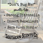 Rocking chair on a porch with text about Southern Scents Co. product, including 'Don't Bug Me!' fragrance description.