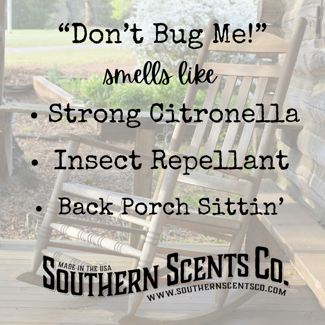 Rocking chair on a porch with text about Southern Scents Co. product, including 'Don't Bug Me!' fragrance description.