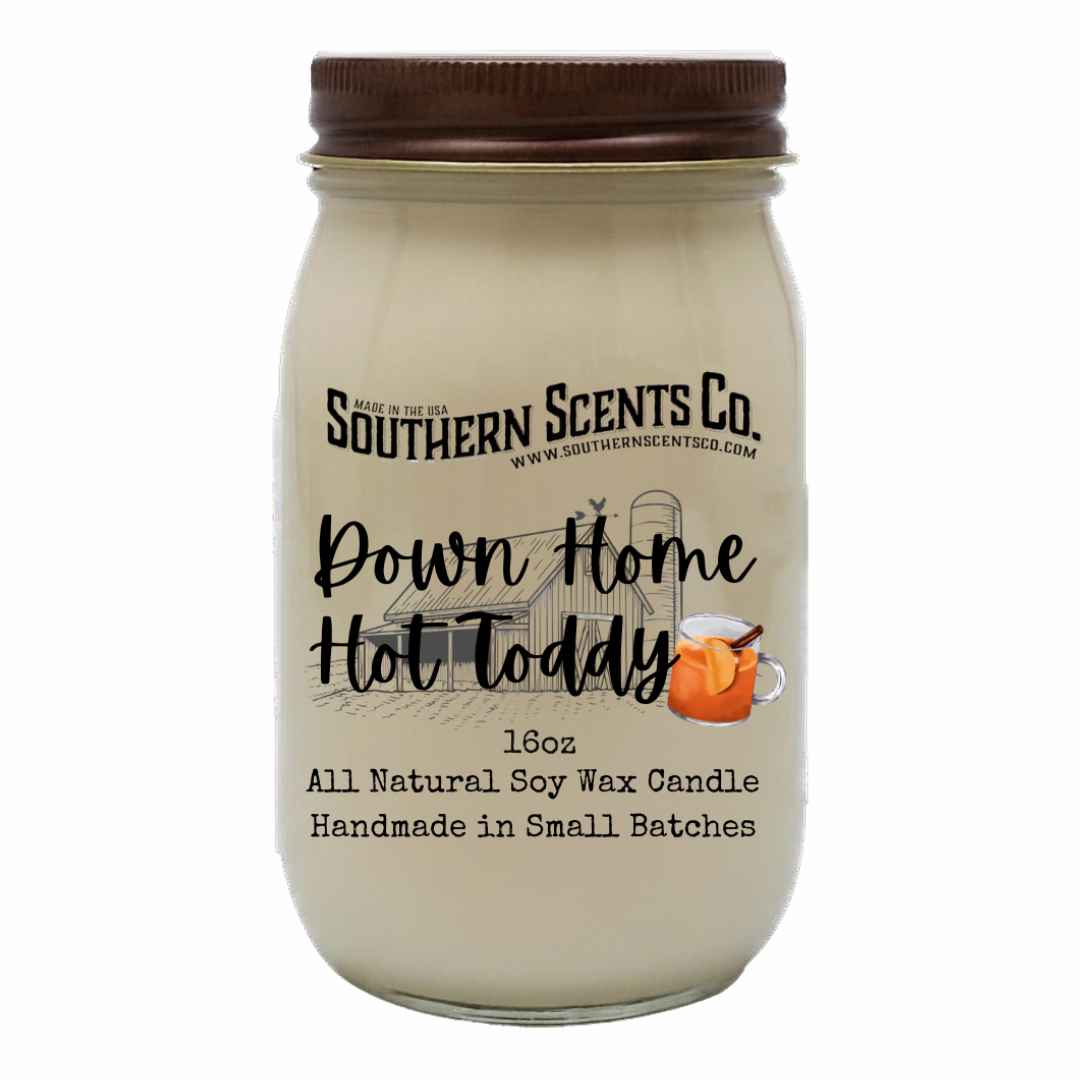 Jar of 'Down Home Hot Toddy' candle from Southern Scents Co. on a white background