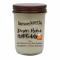 Glass candle jar with brown lid labeled 'Southern Scents Co. Down Home Hot Toddy' on a white background