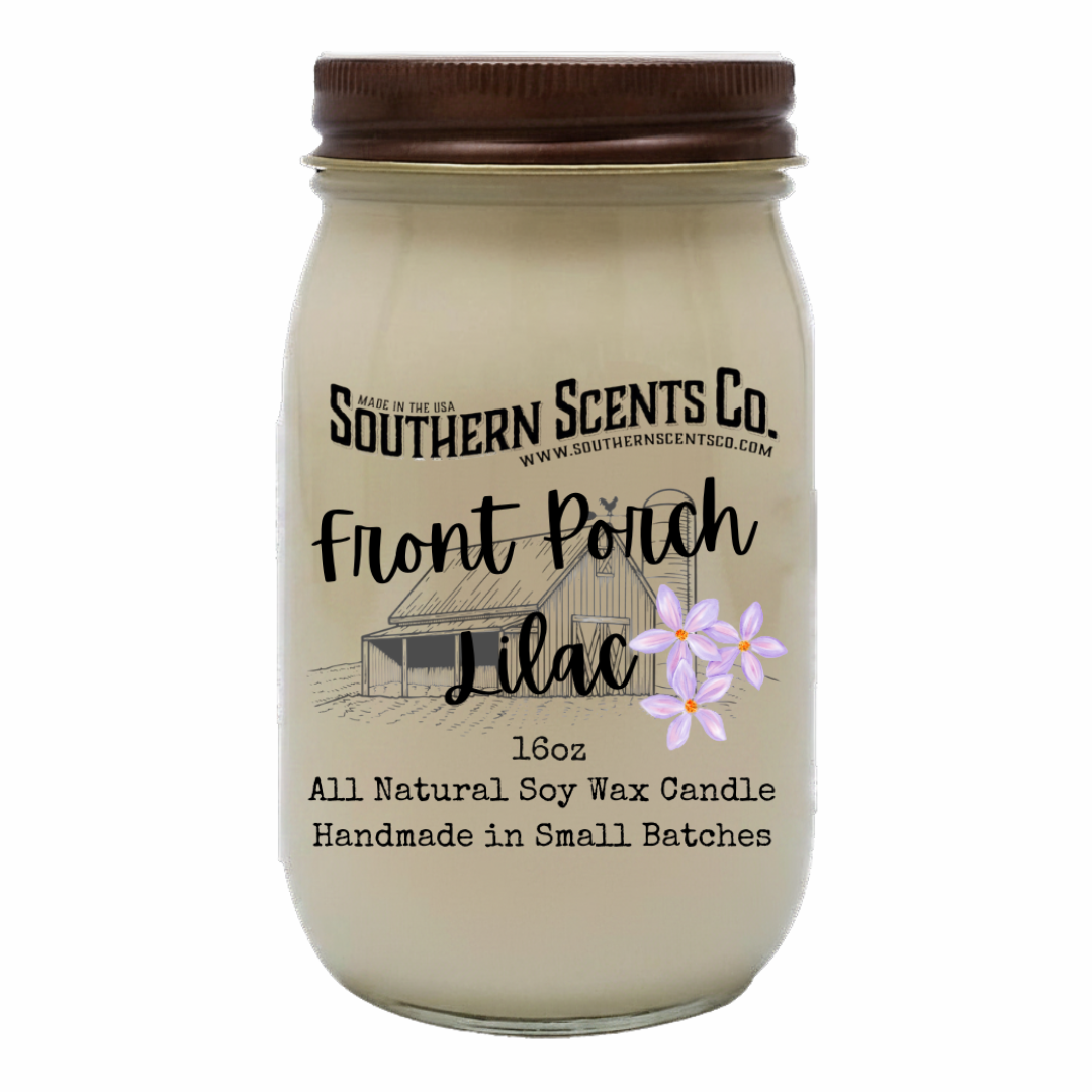 Jar candle with 'Southern Scents Co.' label and 'Front Porch Lilac' description on a white background