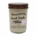 Jar candle with 'Southern Scents Co.' label and 'Front Porch Lilac' description on a white background
