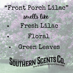 Advertisement for 'Front Porch Lilac' by Southern Scents Co. with a background of lilac flowers.