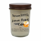 Candle jar with 'Southern Scents Co.' label and lemon pound cake illustration on a white background