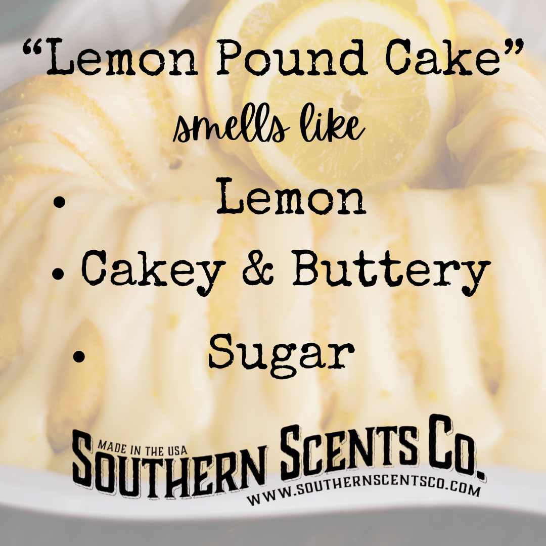 Lemon pound cake with text describing its scent and Southern Scents Co. branding.