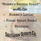 Promotional graphic for Southern Scents Co. featuring a loaf of banana bread on a cooling rack over a blurred kitchen background with a banana and checkered cloth.