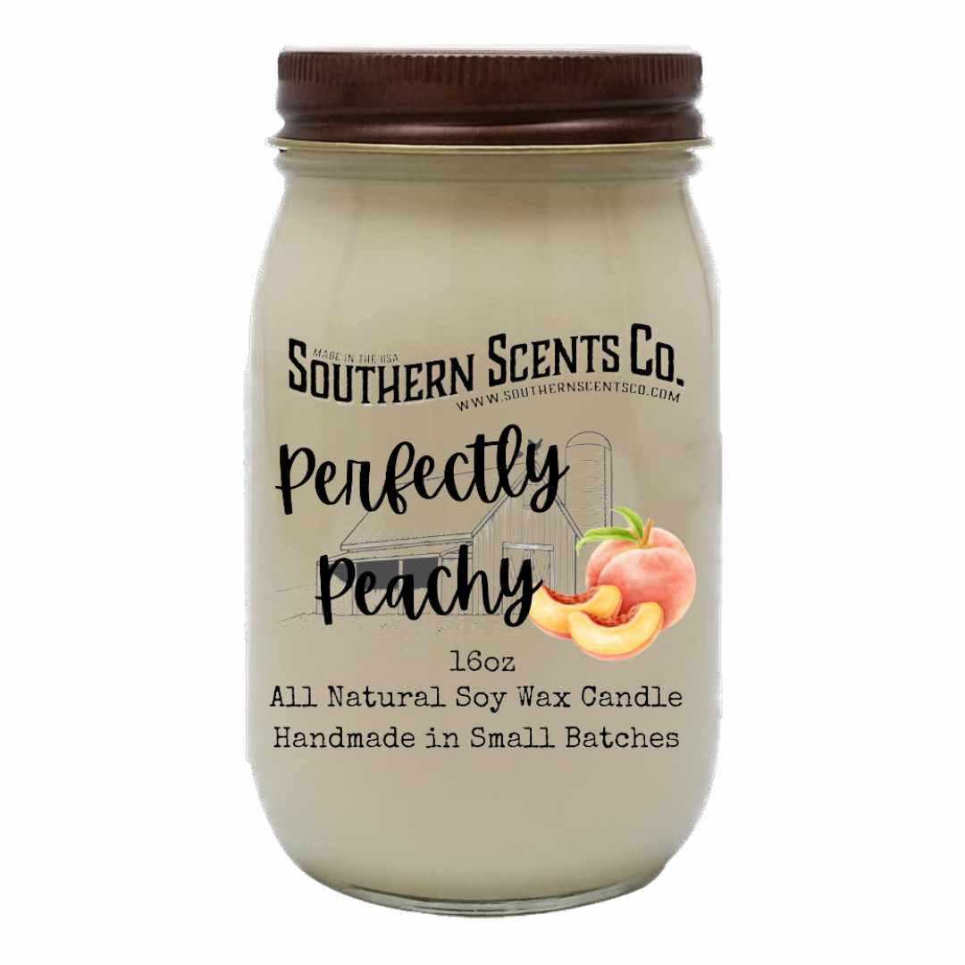 Jar of 'Perfectly Peachy' candle from Southern Scents Co. on a white background
