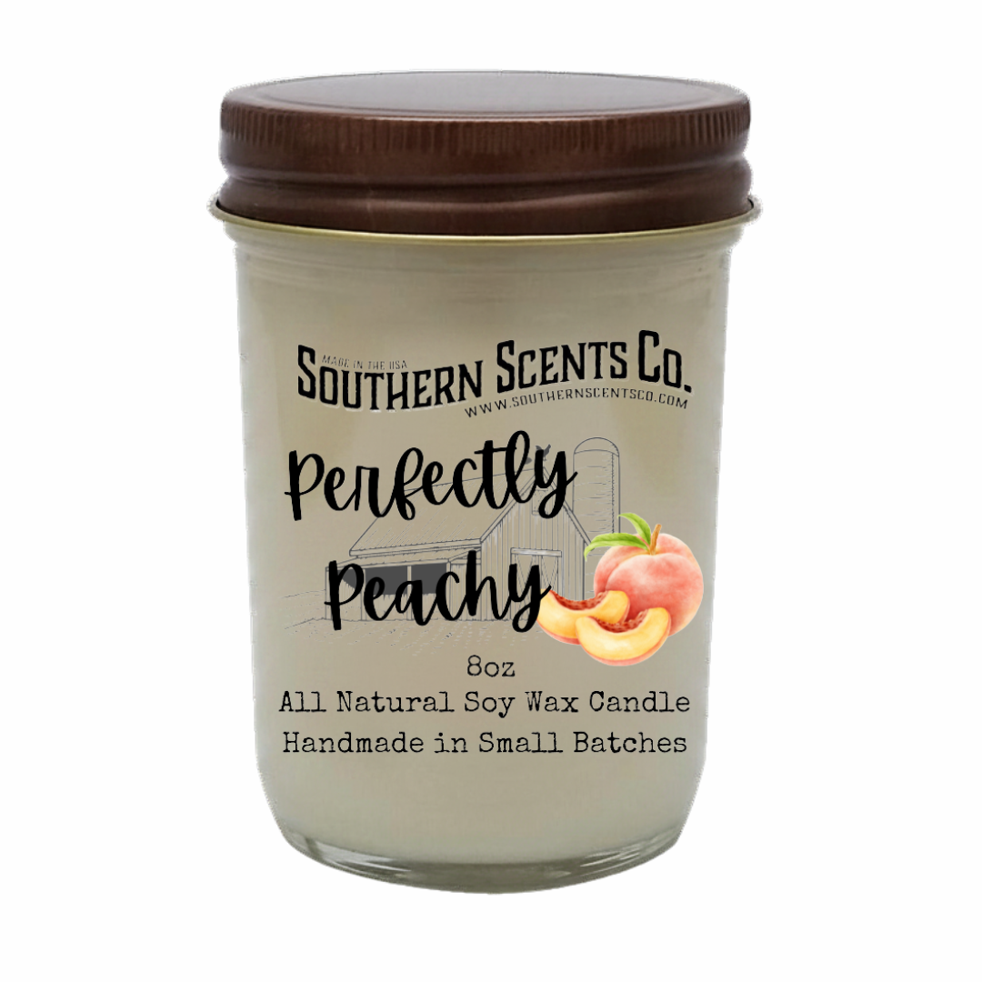 Candle jar with 'Southern Scents Co.' branding and 'Perfectly Peachy' flavor description on a white background.