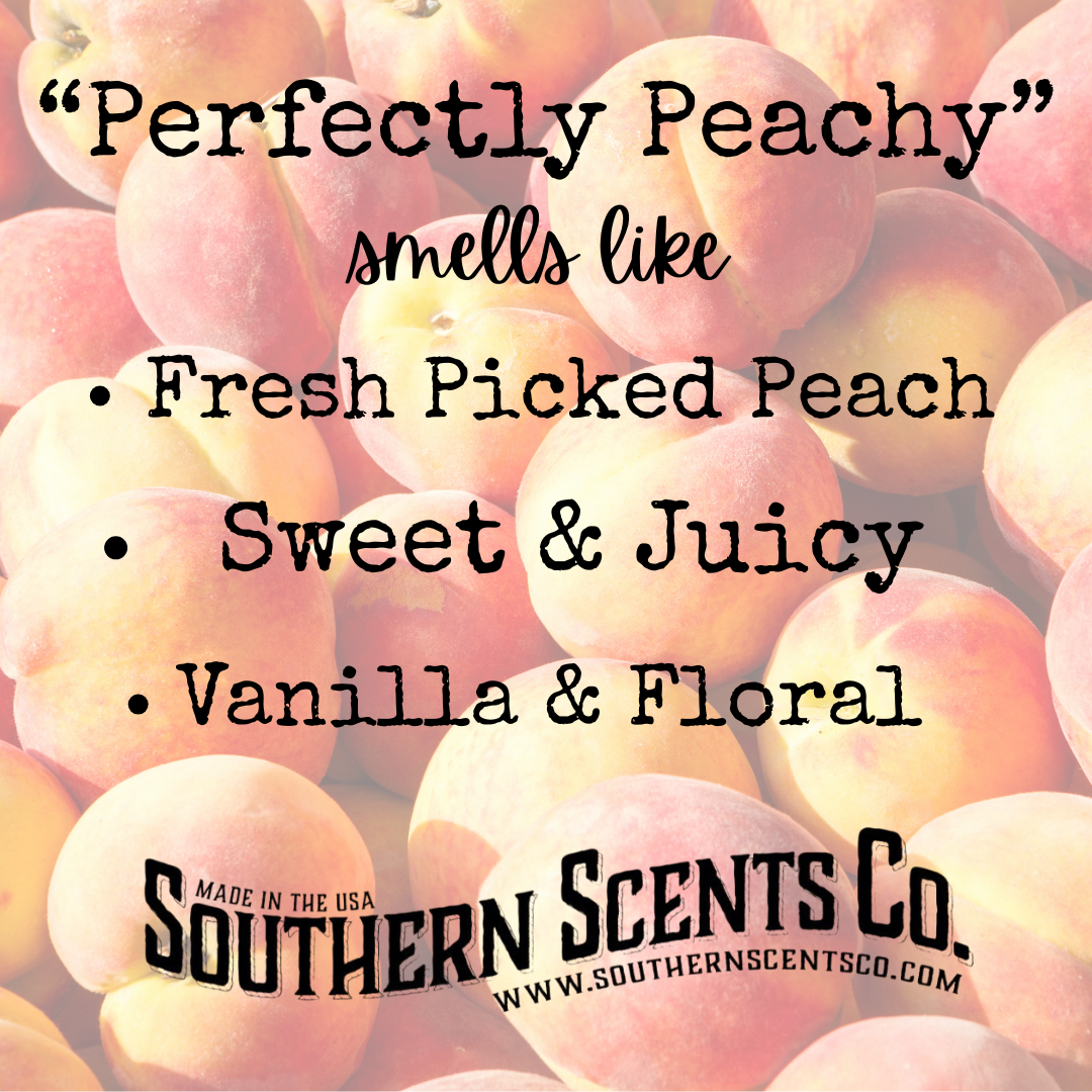 Peaches with text describing the scent and brand 'Southern Scents Co.'