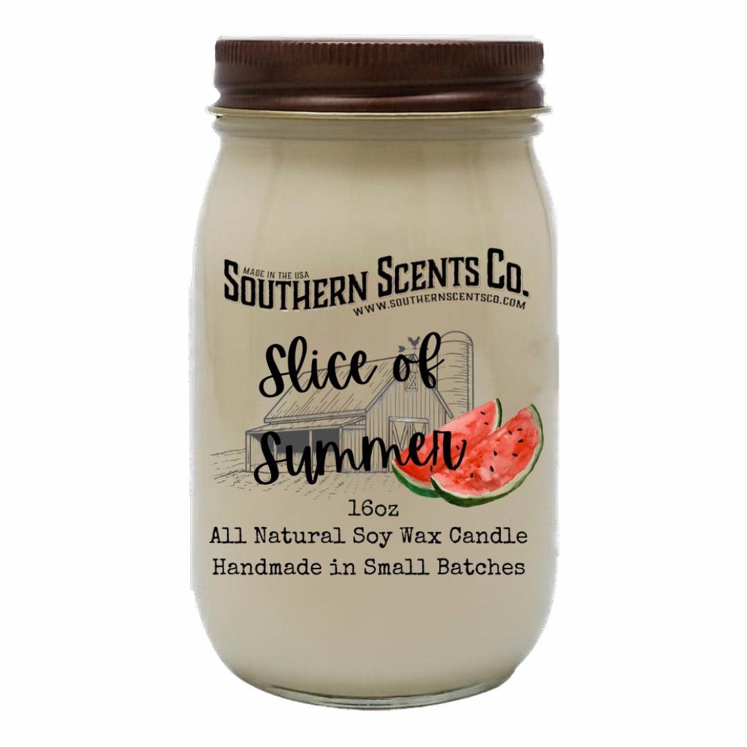 Jar candle labeled 'Slice of Summer' by Southern Scents Co. on a white background