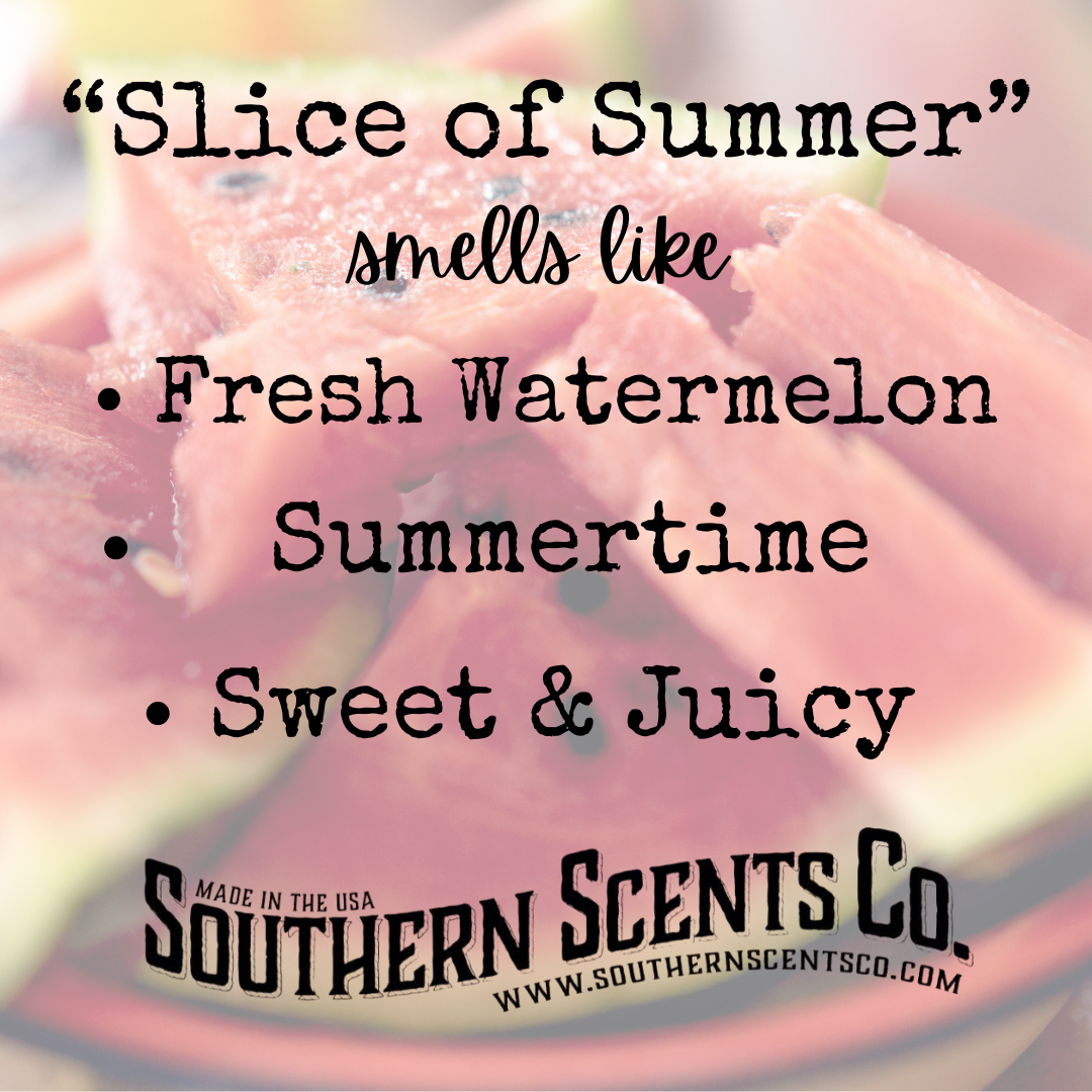 Advertisement for Southern Scents Co. with watermelon slices and text about summer scents.