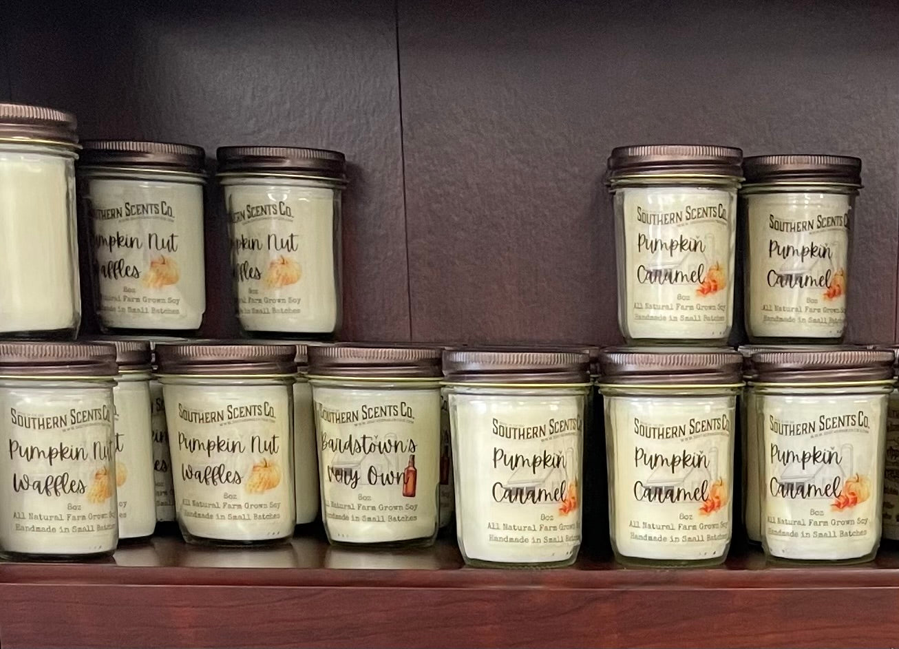 Our candles being displayed on the shelf wholesale