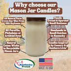 Mason jar candle with text highlighting features and branding on a scenic background
