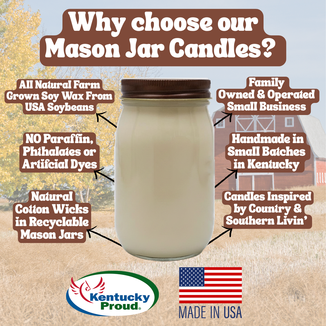 Mason jar candle with text highlighting features and branding on a scenic background