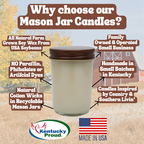 Mason jar candle with text highlighting features and branding on a scenic background
