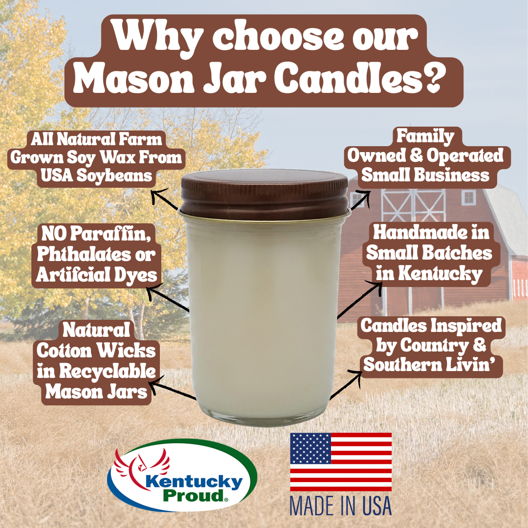 Mason jar candle with text highlighting features and branding on a scenic background